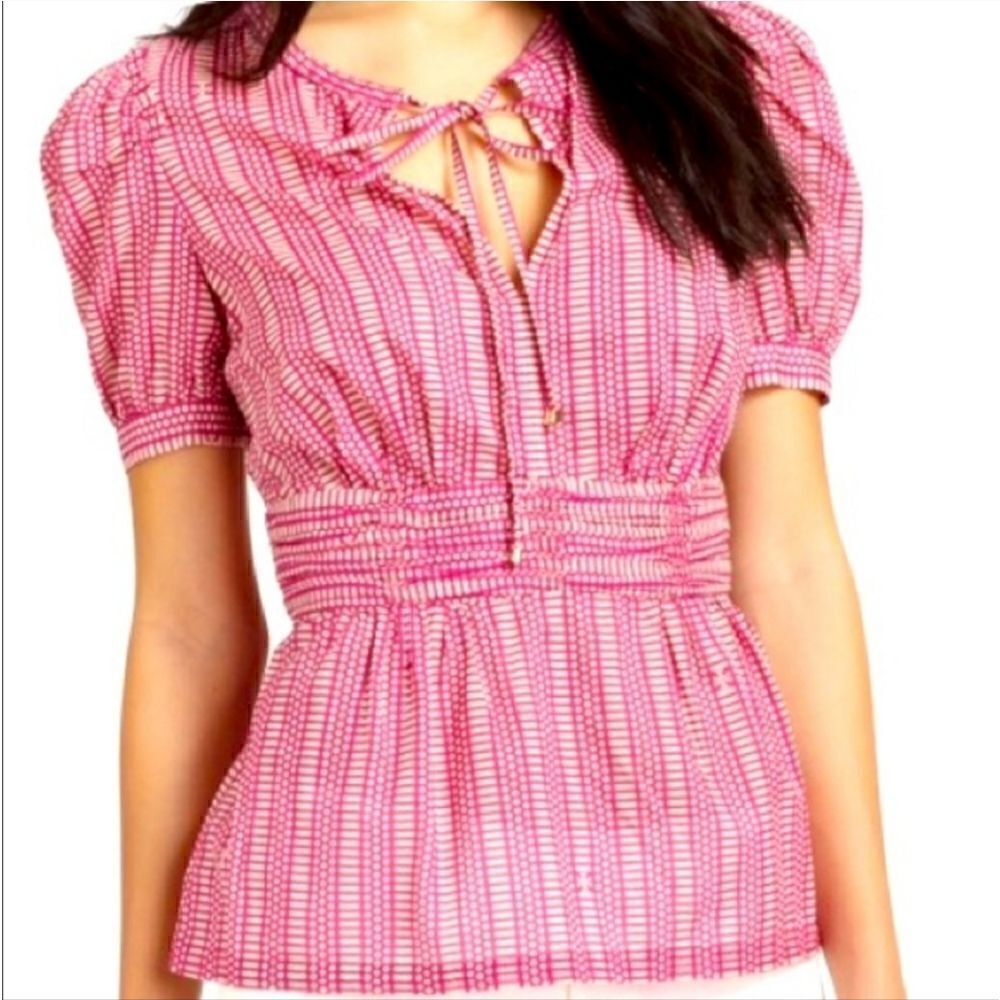 Tory Burch Ruth Wild Orchard Blouse Short Sleeve Top Pink Fuchsia 10